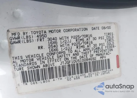 2001 Lexus Rx 300 z USA, uszkodzony, nr VIN JTJGF10U510084692